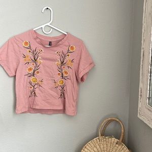 Embroidered Pink Floral Cropped Tee